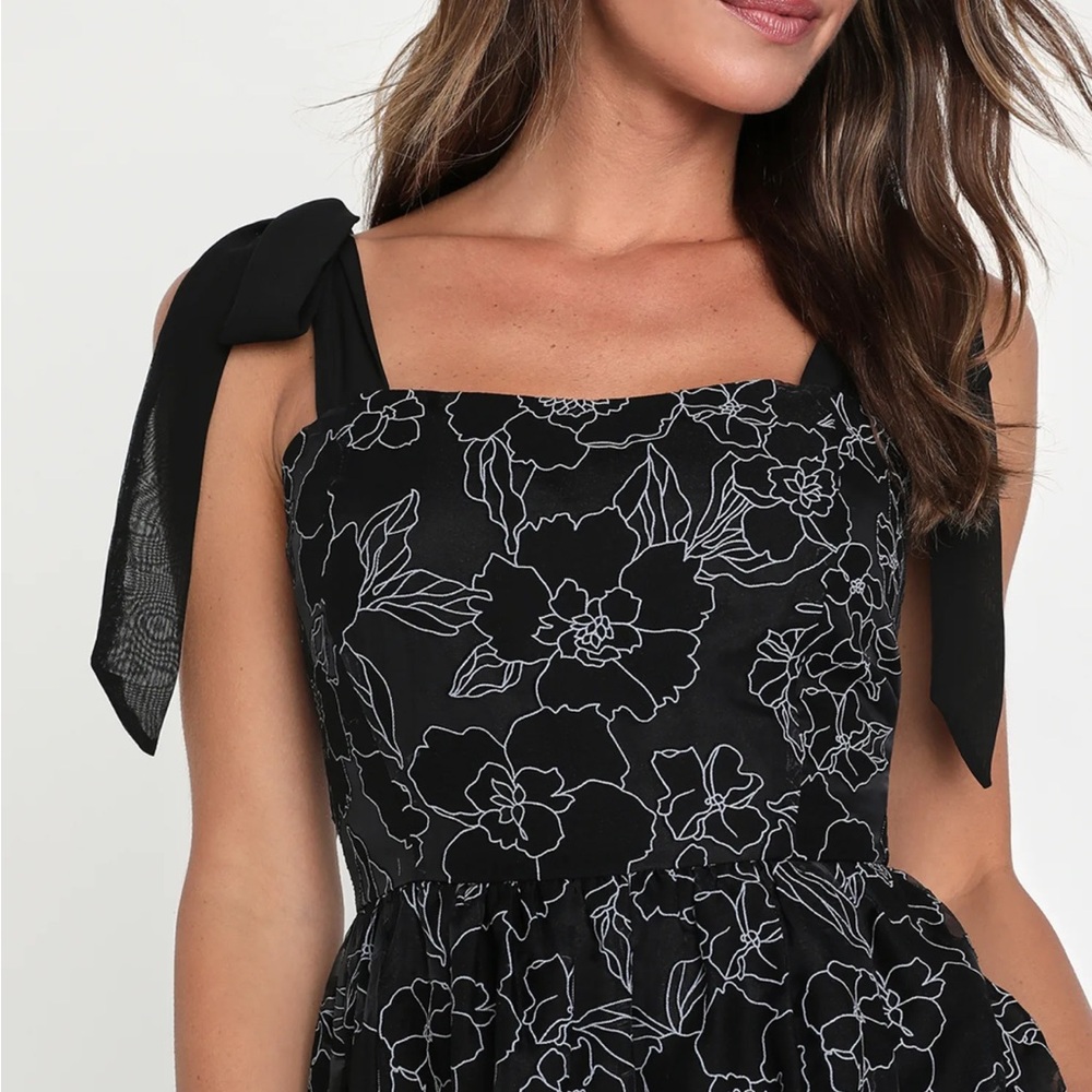 Lulu's Black Midi Dress with White Floral Embroidery and Tie Shoulders - Picture 4 of 13